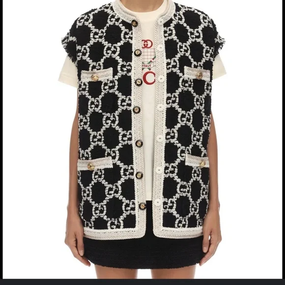 Gucci GG Logo Sweater Vest Coat Jacket Oversize  
Tweed Vest Black white - Picture 2 of 10